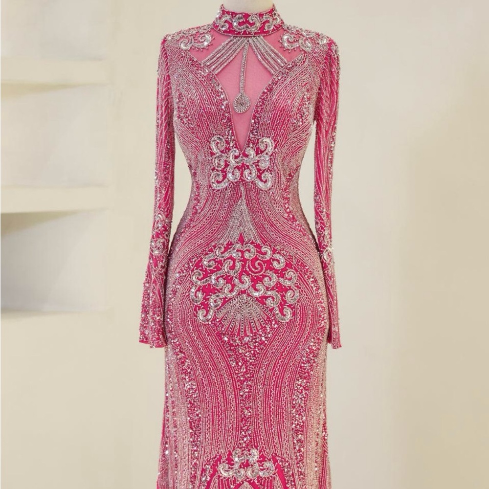 Modest Elegant Pink Embellished Evening Gown